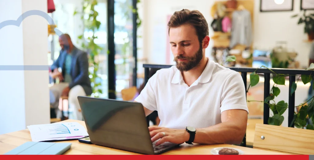 Typing, laptop and freelancer with man in cafe for journalist, remote worker and research. Planning Stock Photo, ft. article & businessman - Envato