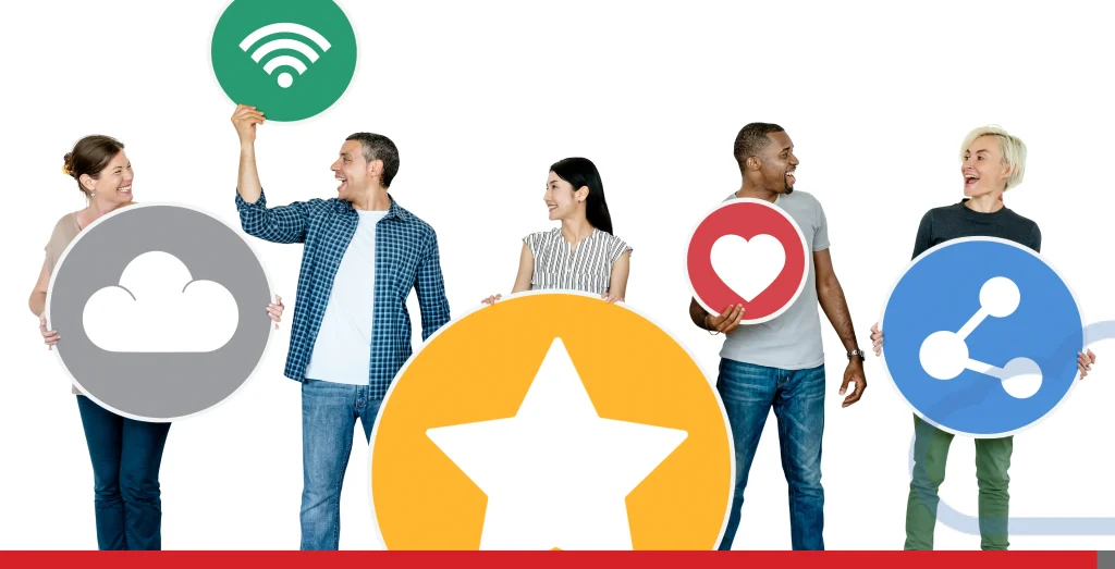 Happy people holding internet icons Stock Photo, ft. reviews & social media - Envato