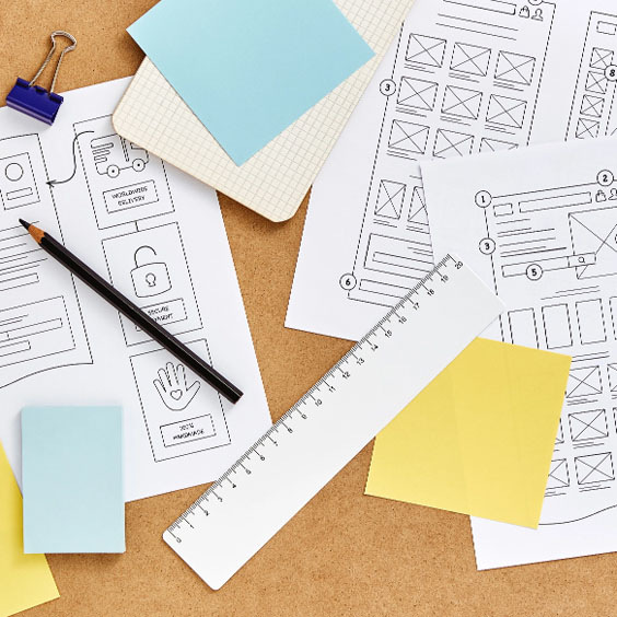 Papers with design wireframe sketches