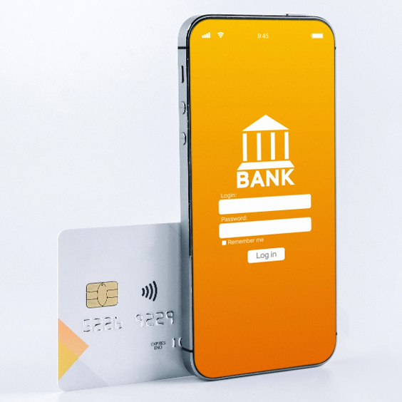 cell phone with bank icon and credit card